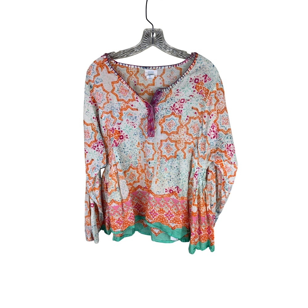 Sigrid Olsen Womens Large Cotton Boho Tunic Blouse Orange Pink Floral Tile Print